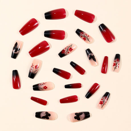 24pcs/Set Black & Red Ombre Butterfly Press On Nails