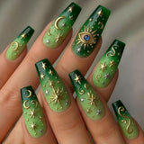 24pcs/Set Green Gradient Stars & Moon Press-On Nails