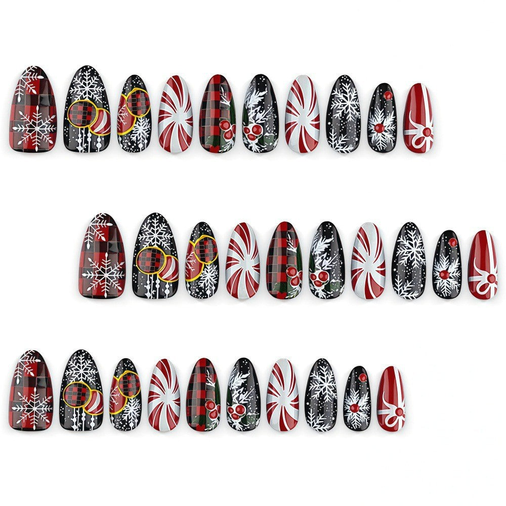 30pcs/Set Vintage Red & Black Plaid Candy Cane Snowflakes Press On Nails