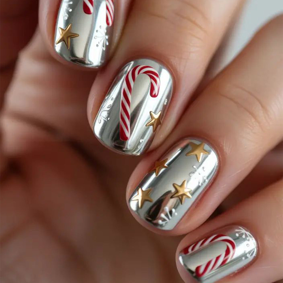 24pcs/Set Silver Star Candy Cane Press-On Nails