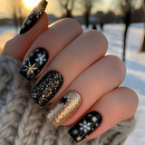 24pcs/Set Black & Gold Glitter Snowflakes Press-On Nails