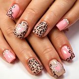 24pcs/Set Leopard Print Hearts with Rhinestones Press-On Nails