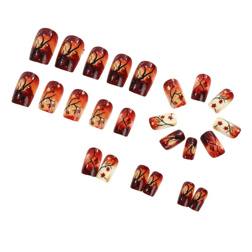 24pcs/Set Red & Orange Gradient Maple Leaves Press On Nails