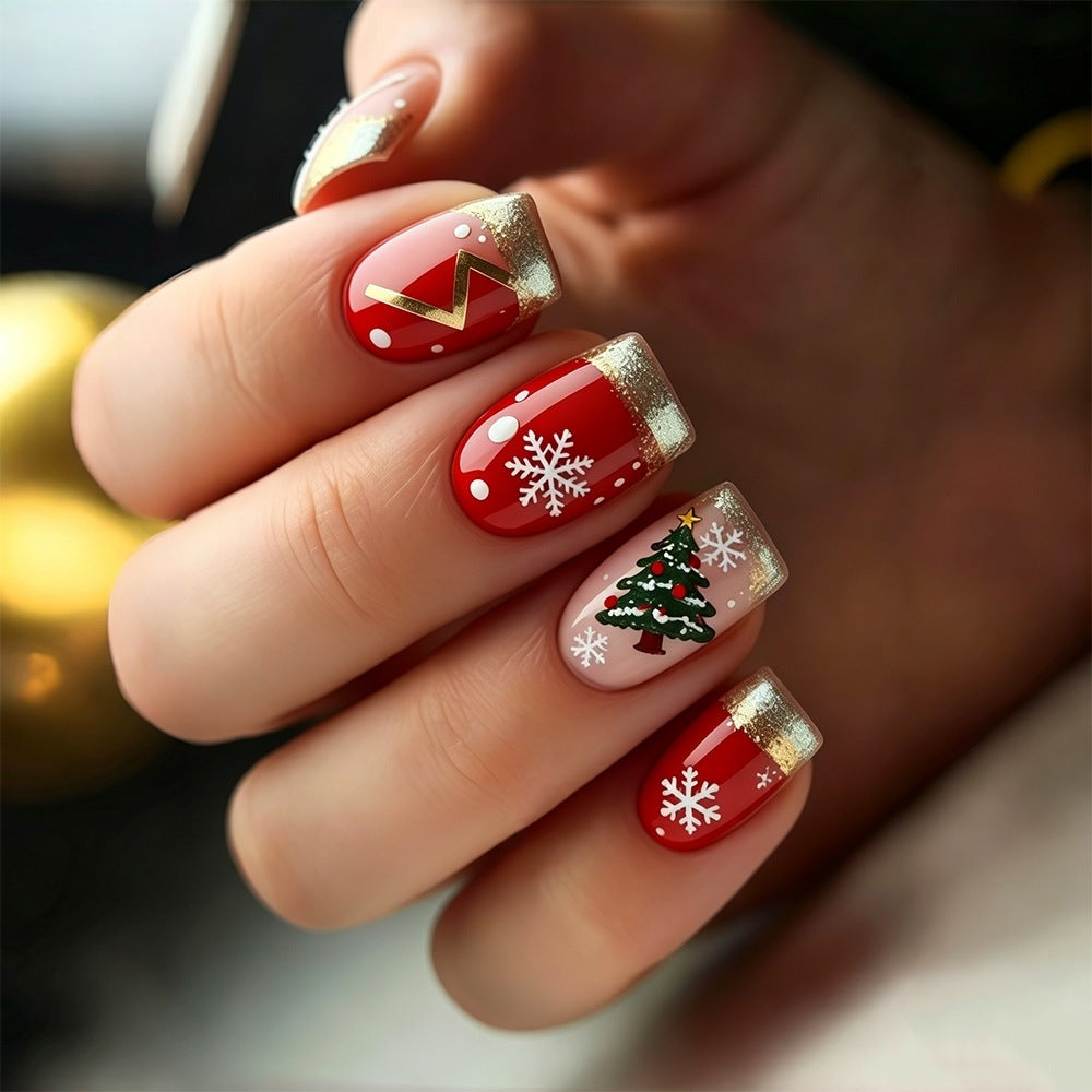 24pcs/Set Gold French Snowflakes Press On Nails