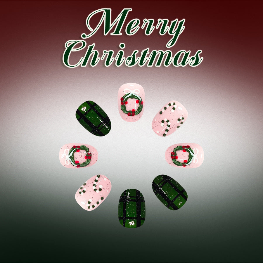 24pcs/Set Christmas Wreath & Candy Press On Nails