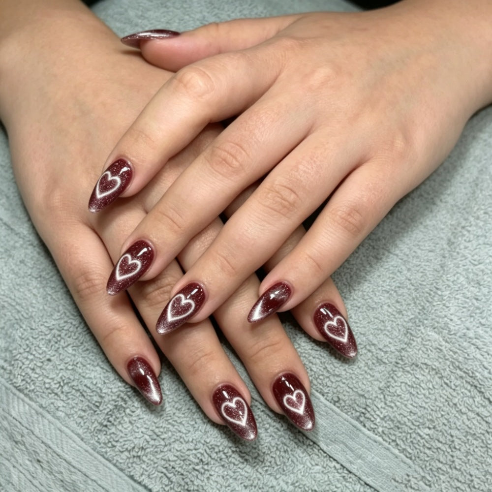 24pcs/Set Brown Heart Cat Eye Press On Nails