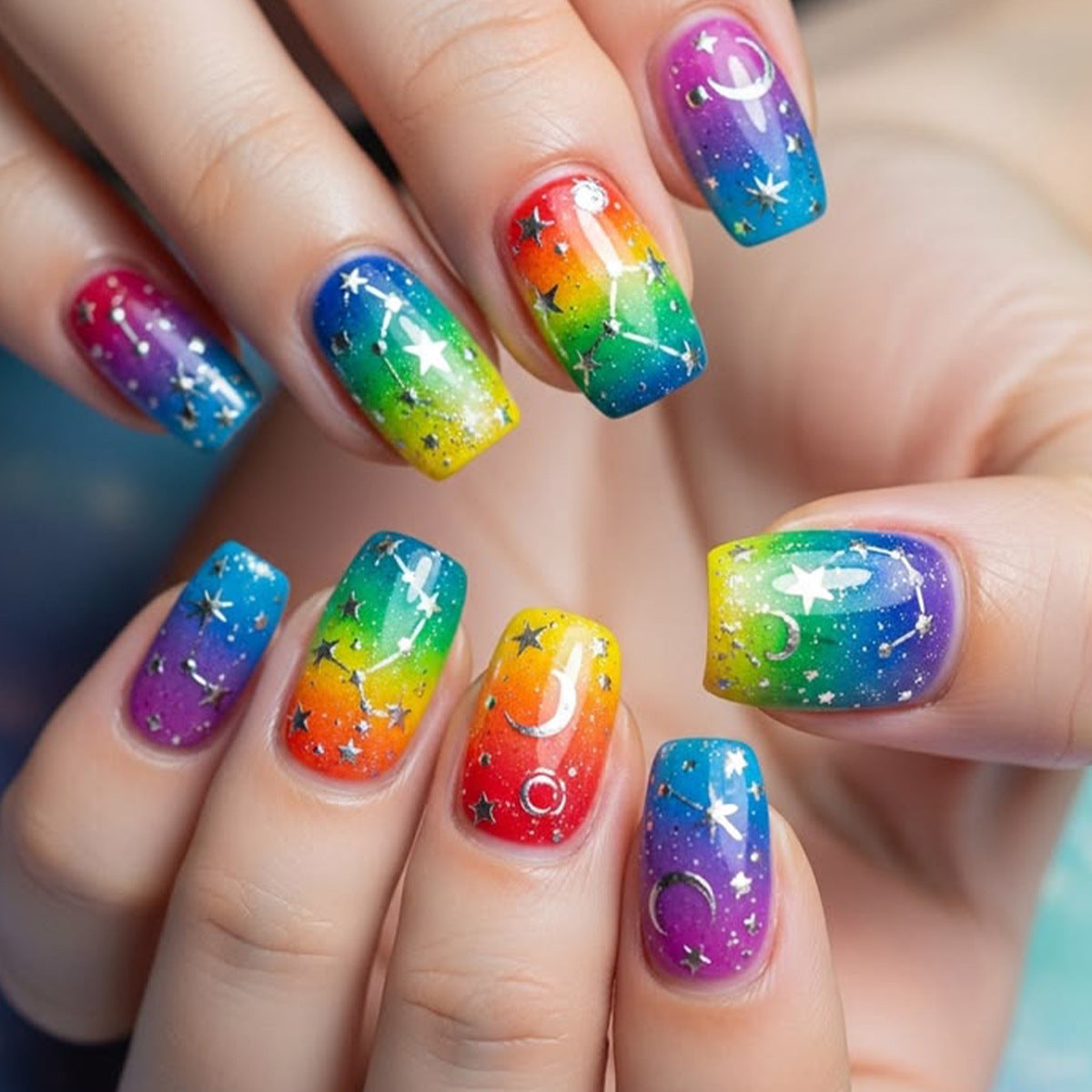 24pcs/Set Rainbow Gradient Stars Press-On Nails