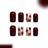 24pcs/Set Burgundy Maple Leaves Press On Nails