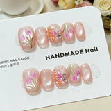 (Handmade) 10pcs/Set Blue 3D Sculpted Floral French Press-On Nails