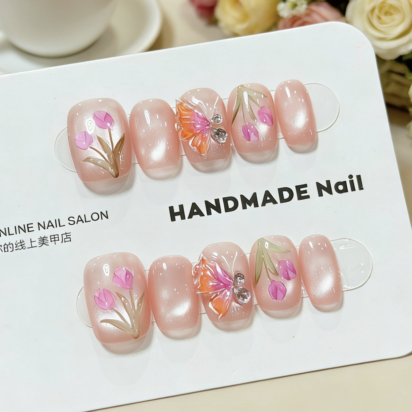 (Handmade) 10pcs/Set Blue 3D Sculpted Floral French Press-On Nails