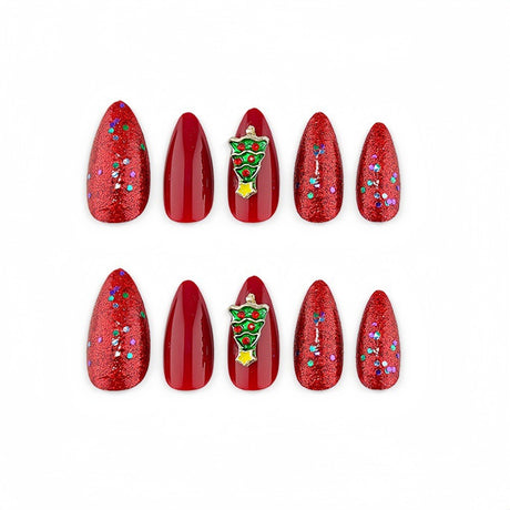 24pcs/Set Sparkling Red Christmas Tree Press On Nails