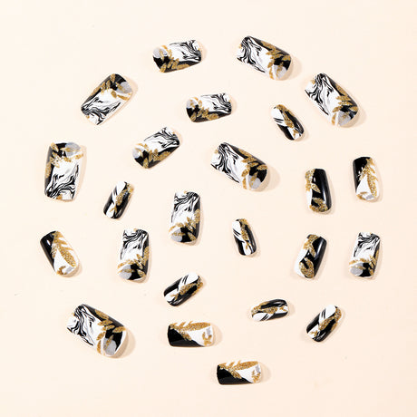 24pcs/Set Black & White Ombre with Irregular Gold Glitter Press-On Nails