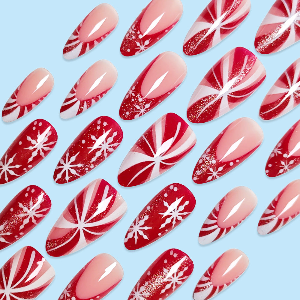 24pcs/Set Christmas Red Candy & Snowflakes Press On Nails