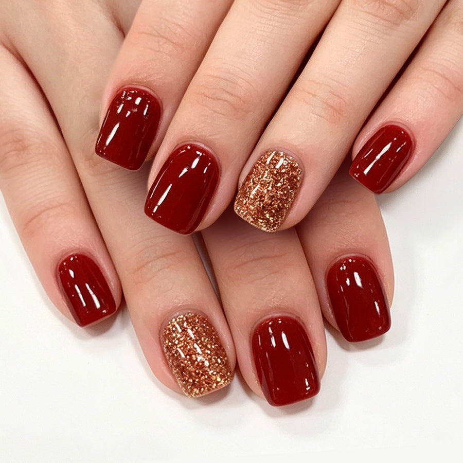 24pcs/Set Burgundy Color-Block with Gold Glitter Press On Nails