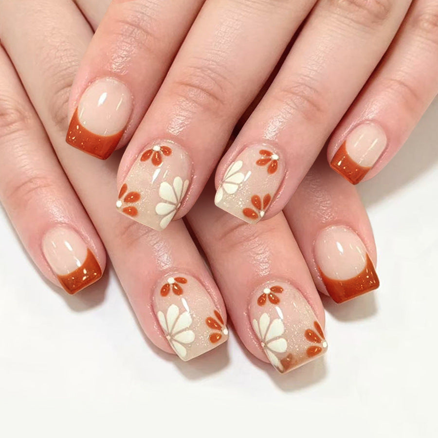 24pcs/Set Floral French Tip Press On Nails