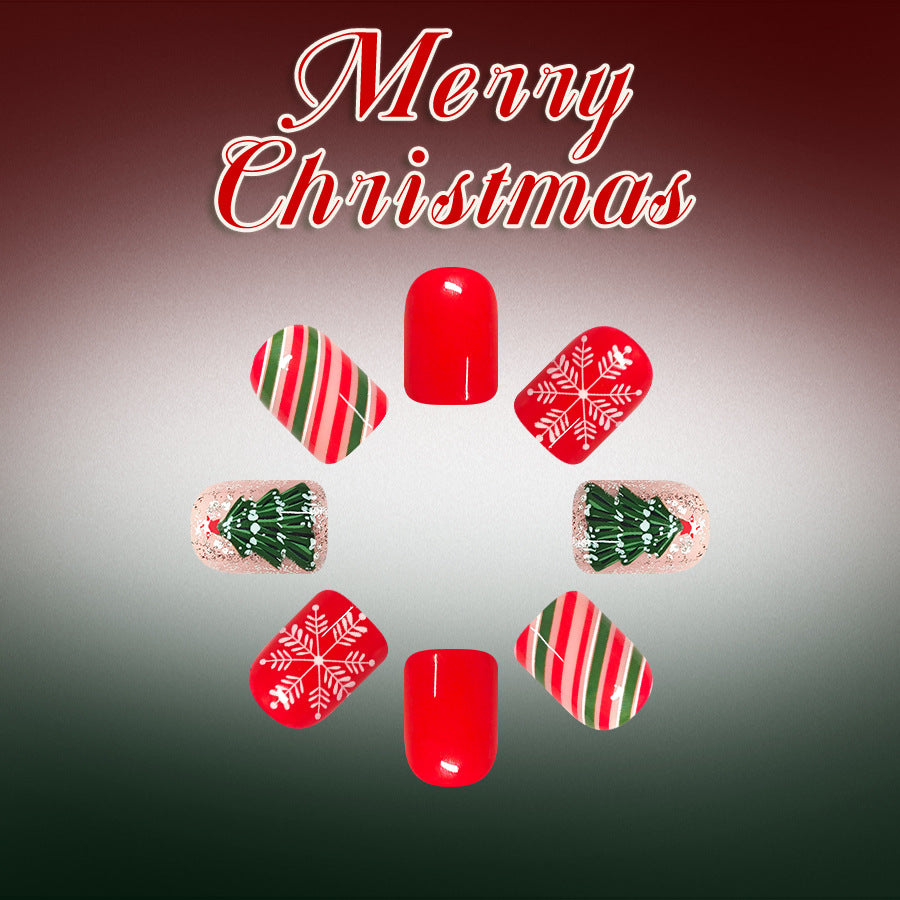 24pcs/Set Red, Green & White Striped Snowflakes Press On Nails