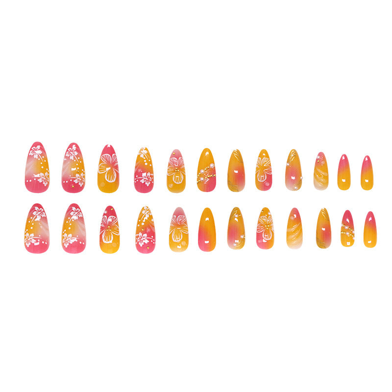 24pcs/Set Pink & Orange Ombre 3D Flower Press-On Nails