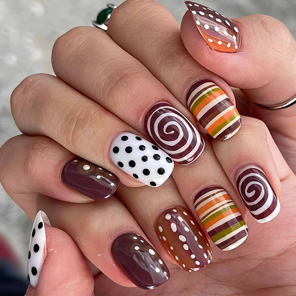 24pcs/Set Polka Dot Spiral Stripe Press On Nails