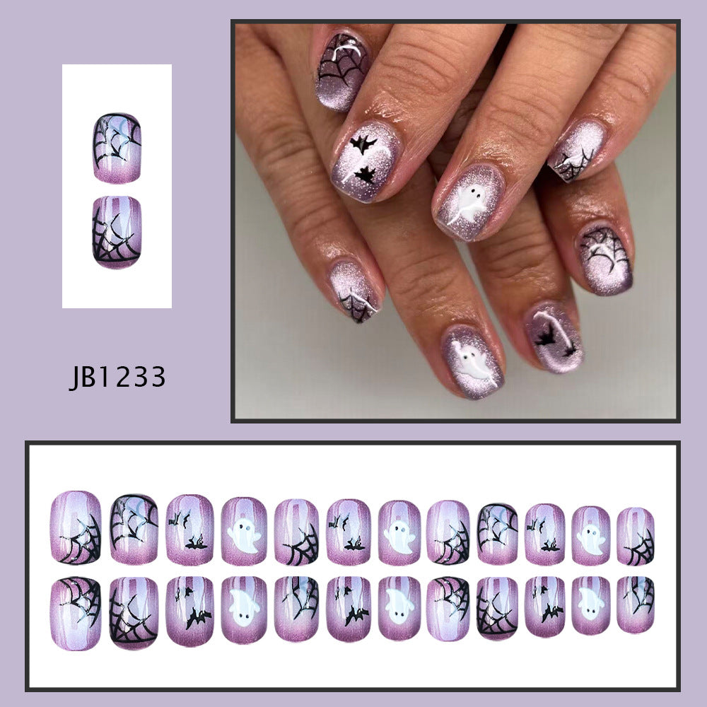 24pcs/Set Cat Eye Purple Spider Web & Bat Press On Toe Nails