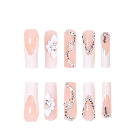 24pcs/Set 3D Floral Rhinestone Press On Nails