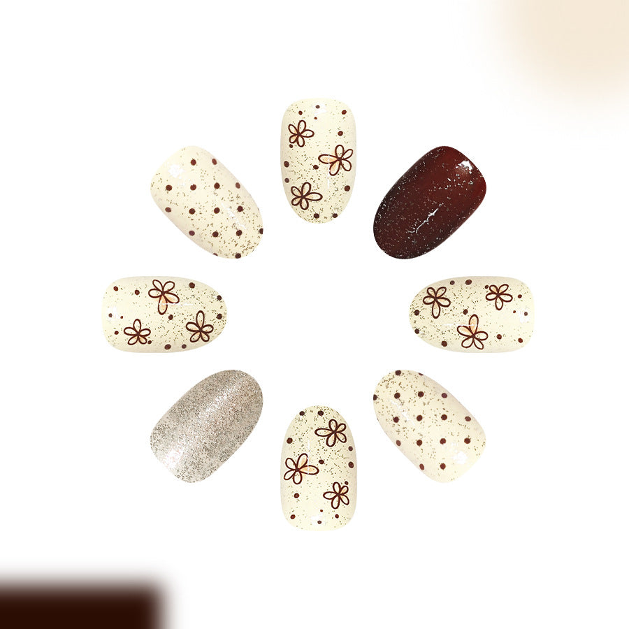 24pcs/Set Dark Brown Polka Dot Flowers Press On Nails