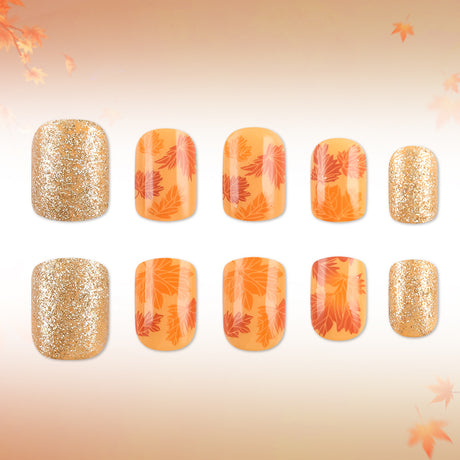 24pcs/Set Gold Glitter Maple Leaves Press On Nails