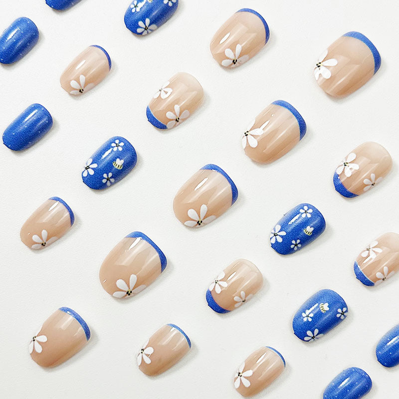 24pcs/Set Blue French Tip Bumblebee Press-On Nails
