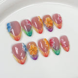 (Handmade) 10pcs/Set Pink & Orange Ombre 3D Sculpted Floral Press-On Nails