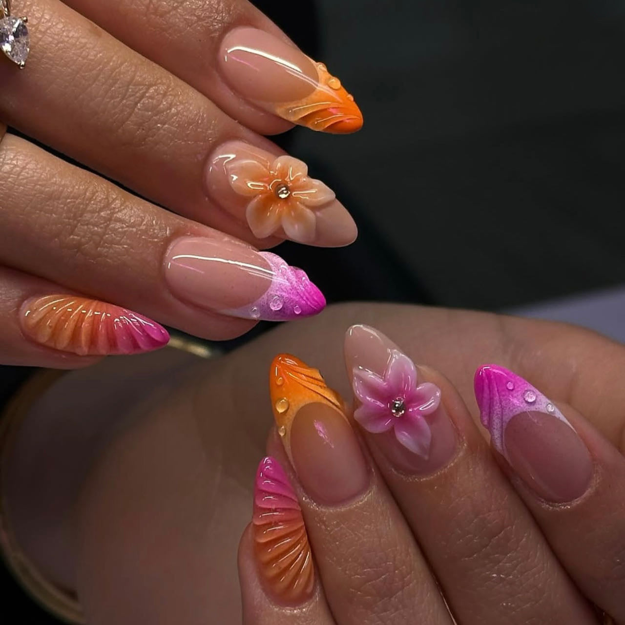 24pcs/Set French Ombre 3D Ripple Flower Press-On Nails