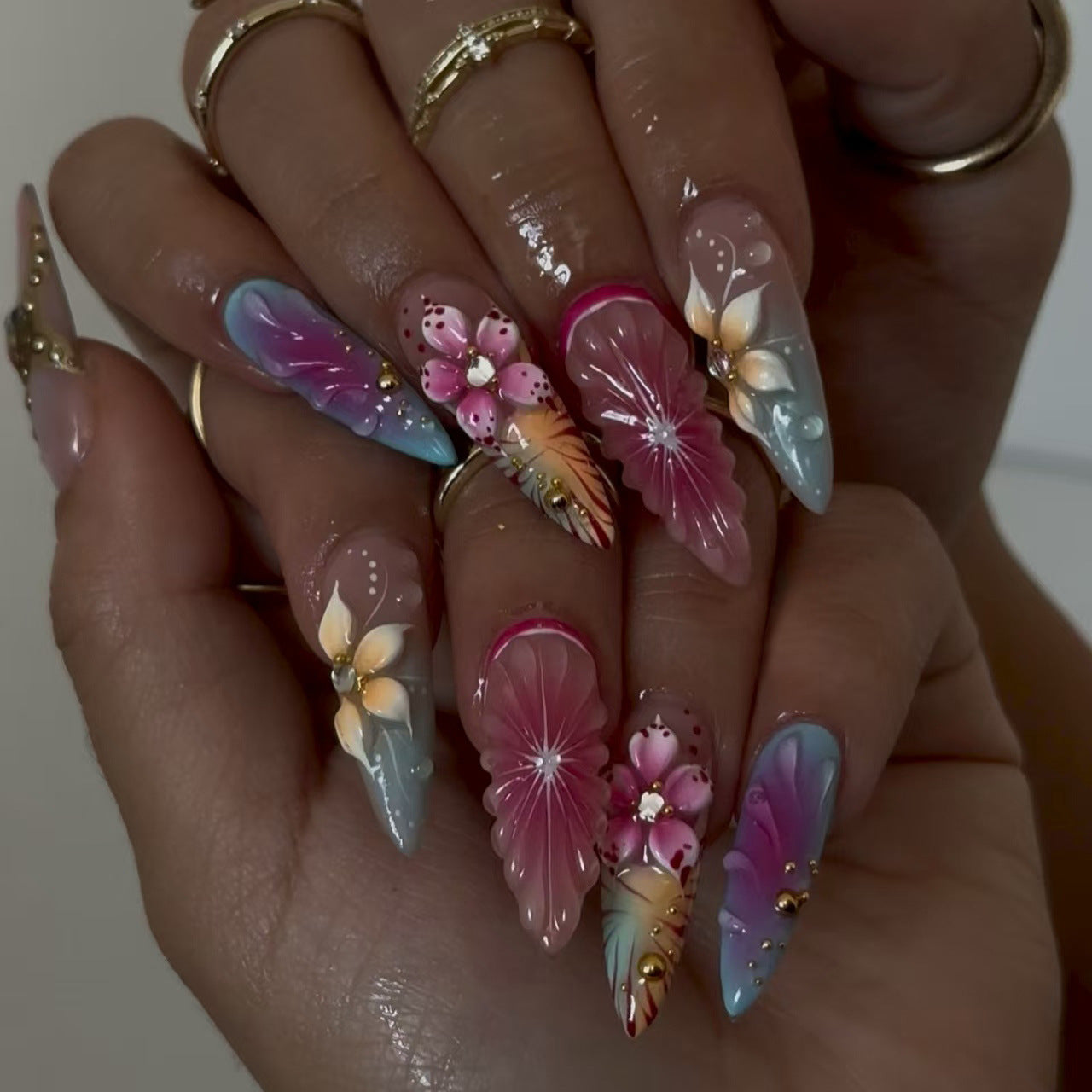 24pcs/Set Rose Pink Ombre 3D Flower Press-On Nails