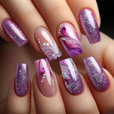 24pcs/Set Purple Gradient Feather Rhinestone Press-On Nails