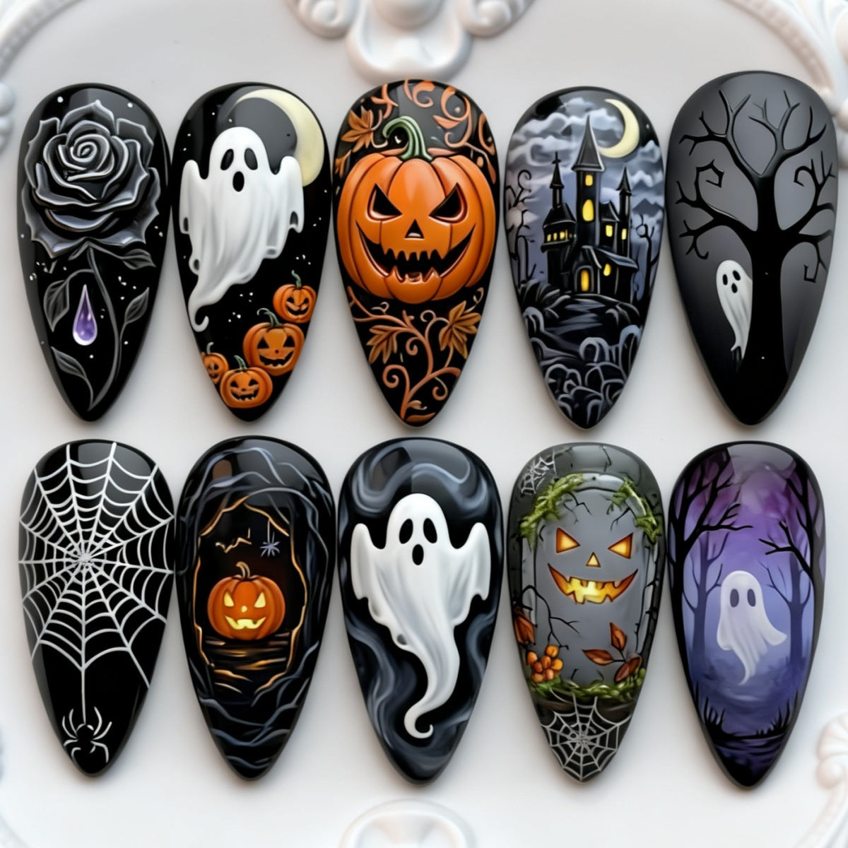 30pcs/Set Haunted Castle, Ghost, Pumpkin & Spooky Tree Press On Nails