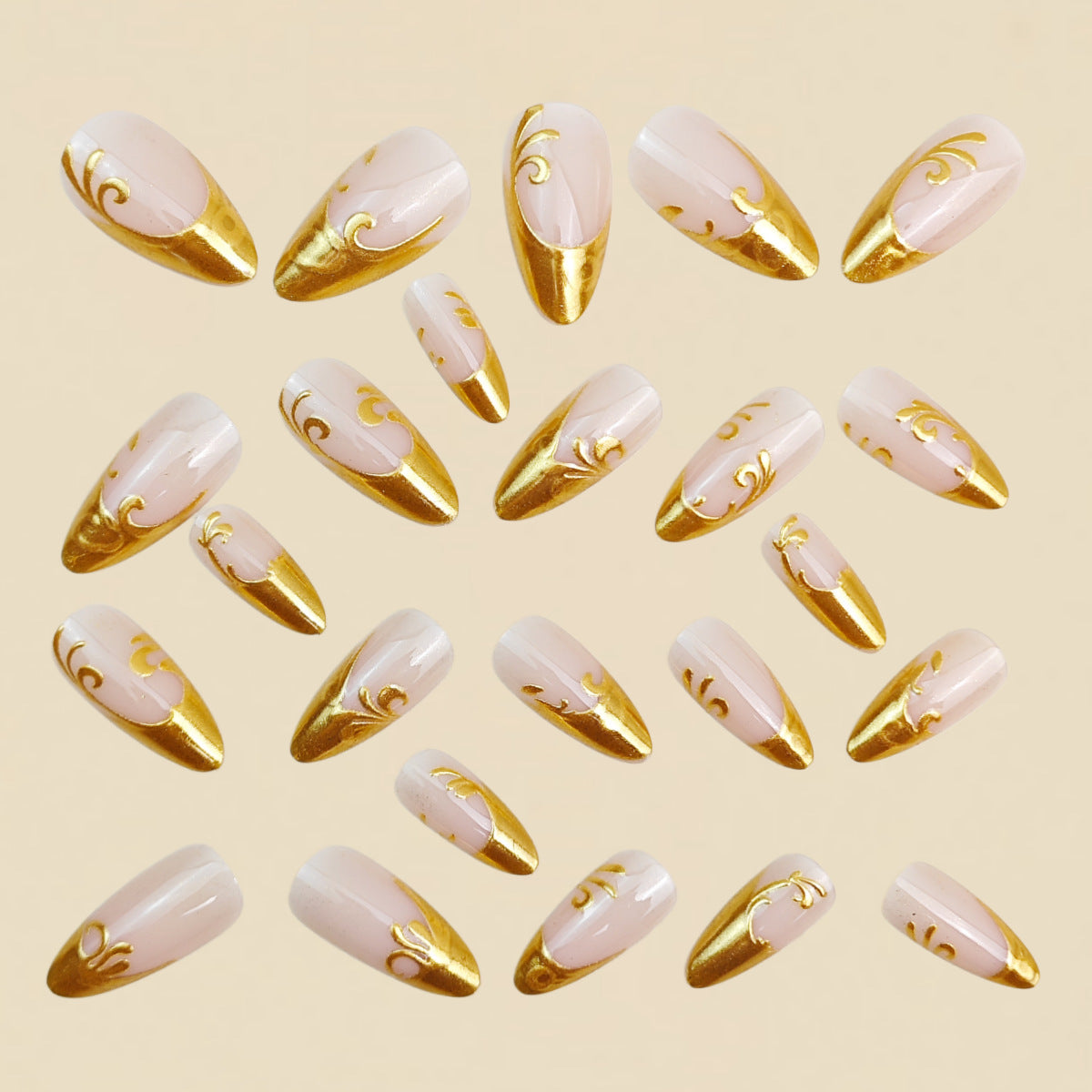 24pcs/Set 3D Embossed Gold Foil Floral French Press-On Nails