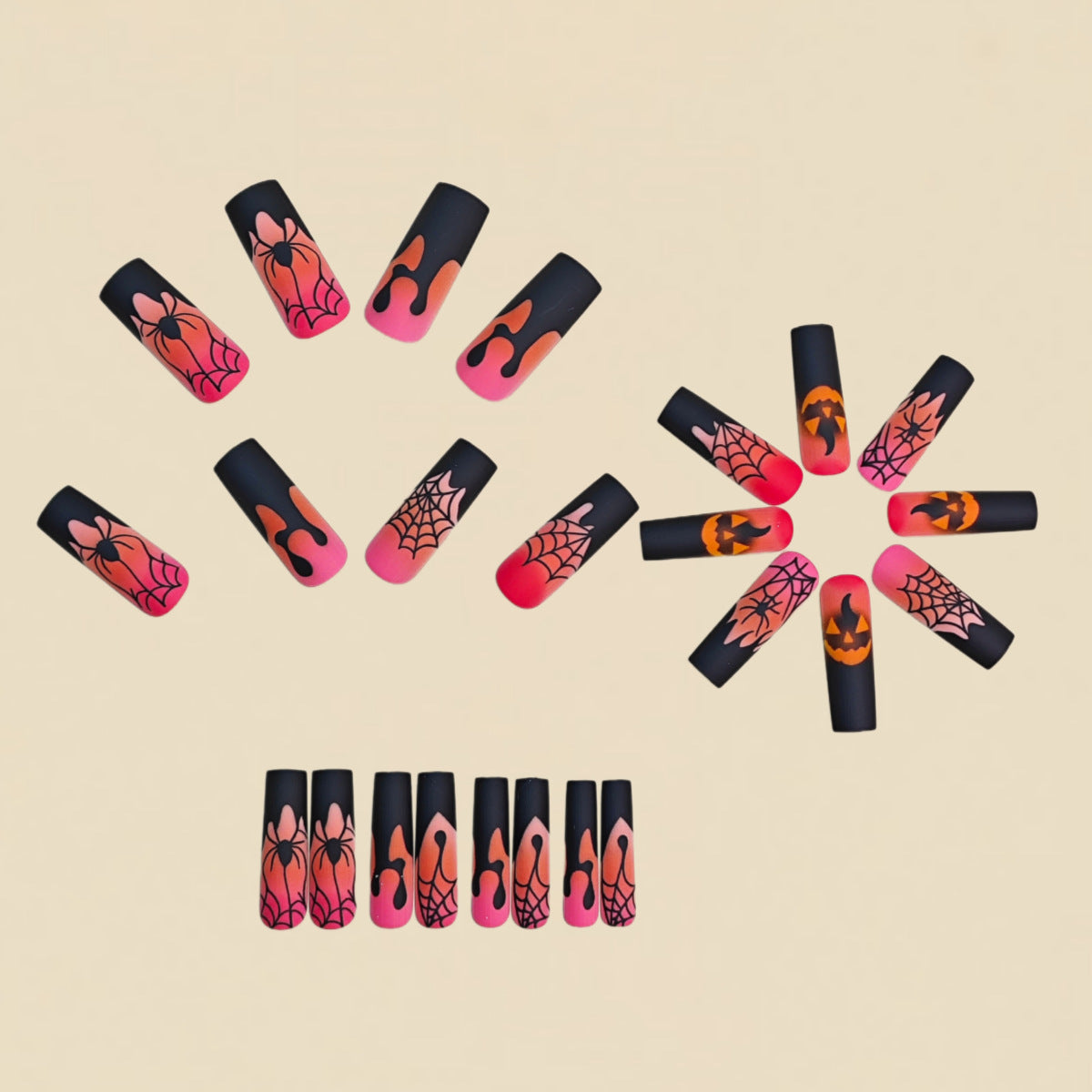 24pcs/Set Black & Pink Ombre Pumpkin Spider Press On Nails