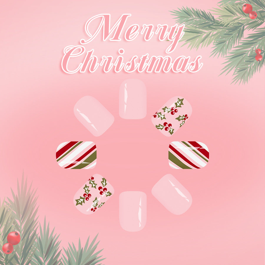 24pcs/Set Pink Holly & Colorful Stripes Press On Nails