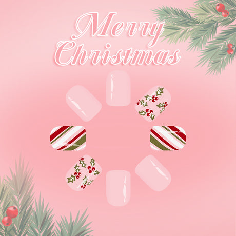 24pcs/Set Pink Holly & Colorful Stripes Press On Nails