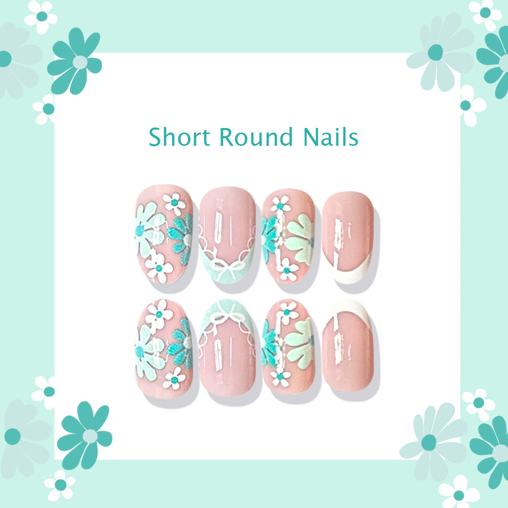 24pcs/Set Blue & White French Tip with Floral Rings Press On Nails