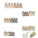 24pcs/Set Cat-Eye Bow & Gold Snowflakes Press On Nails