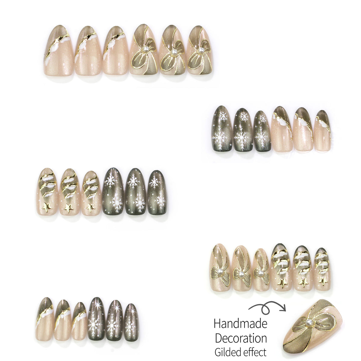 24pcs/Set Cat-Eye Bow & Gold Snowflakes Press On Nails
