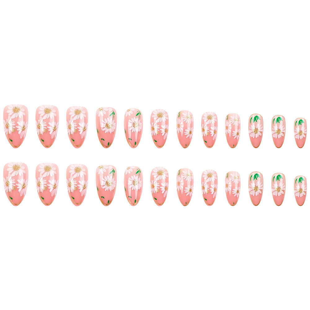 24pcs/Set Daisy Gold-Trim French Tip Nails