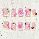 (Handmade) 10pcs/Set Yellow French 3D Pink Flower & Bumblebee Press-On Nails