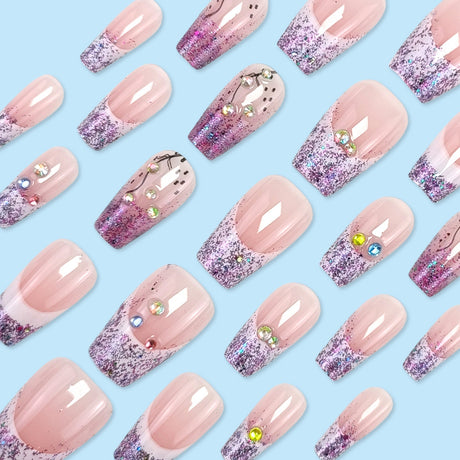 24pcs/Set Purple Starry Sky French Press On Nails