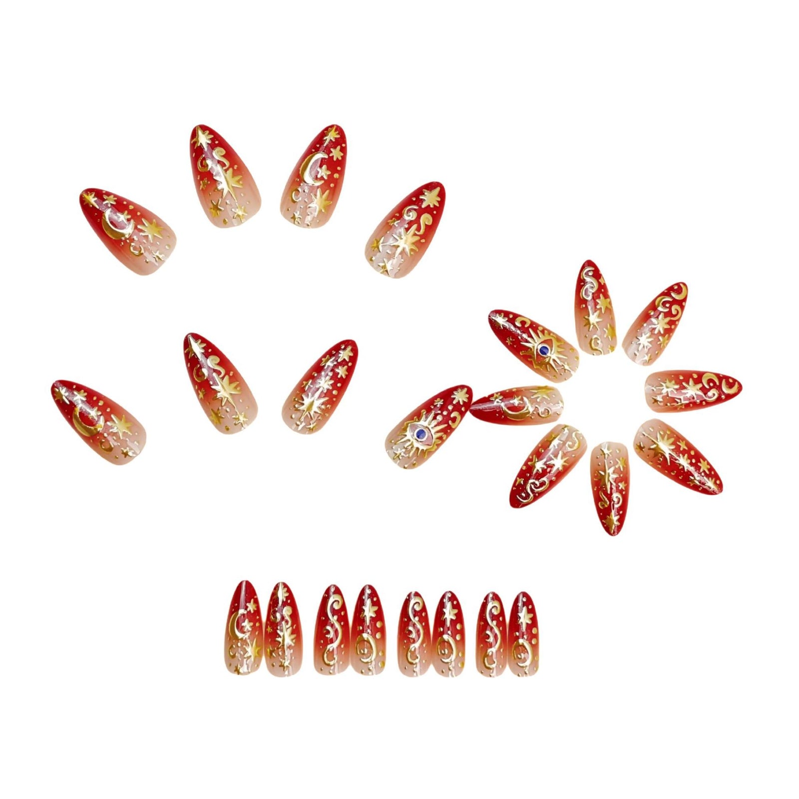 24pcs/Set Red & Gold Foil Stars & Moon Press-On Nails
