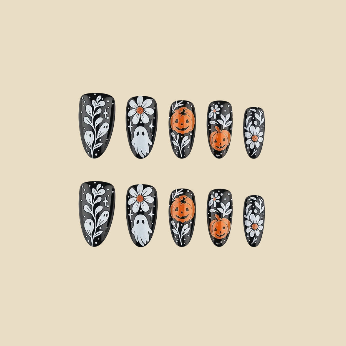 24pcs/Set Black Daisy Ghost Pumpkin Press On Nails
