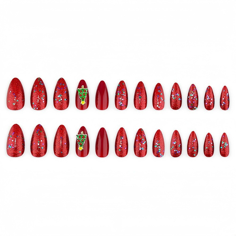 24pcs/Set Sparkling Red Christmas Tree Press On Nails