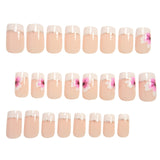 24pcs/Set Color-Block French Tips with Pink Flowers Press-On Nails