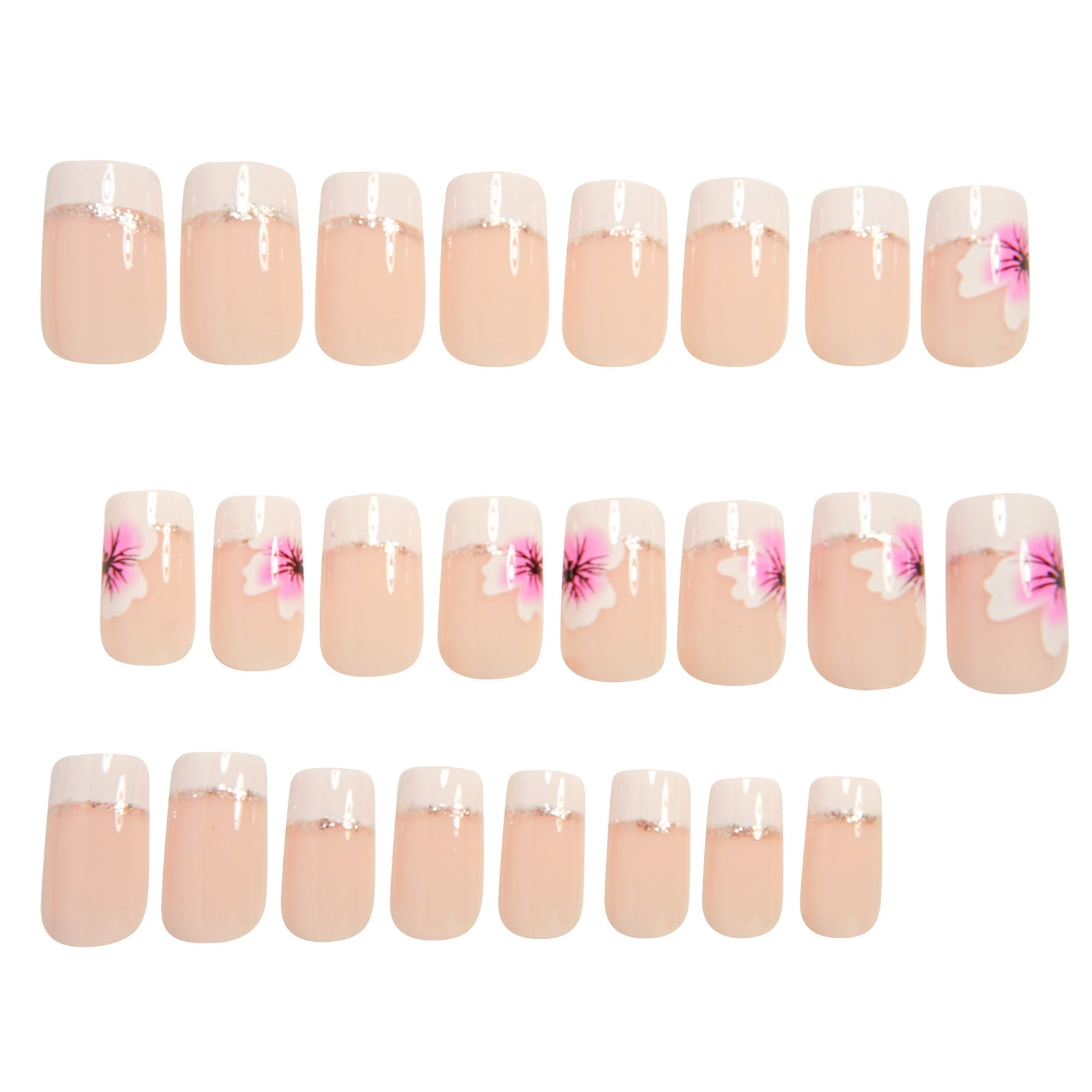 24pcs/Set Color-Block French Tips with Pink Flowers Press-On Nails