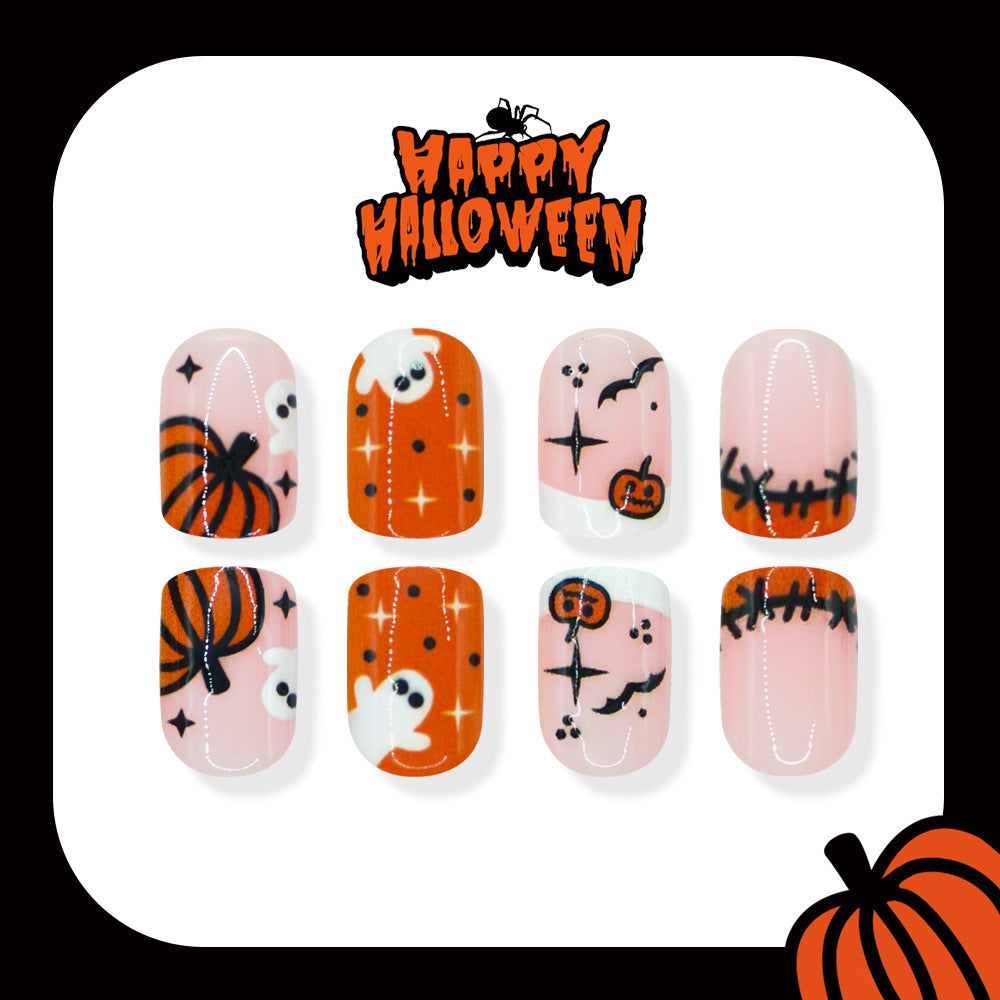 24pcs/Set Orange & Yellow Pumpkin Cute Ghosts Press On Nails