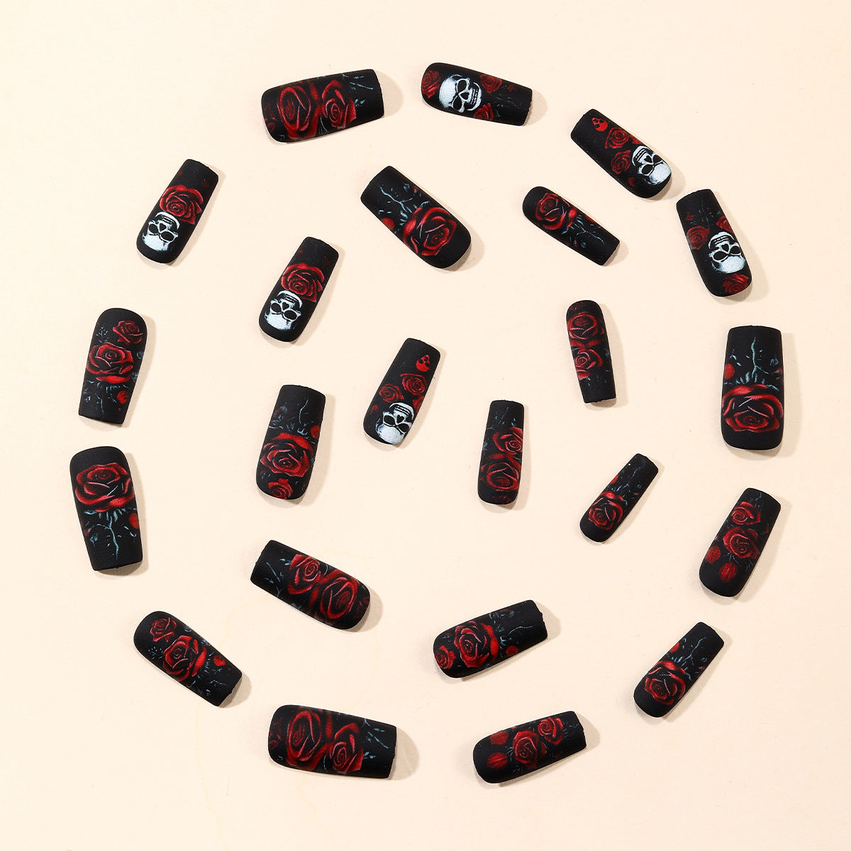 24pcs/Set Matte Red Rose & Skull Press-On Nails