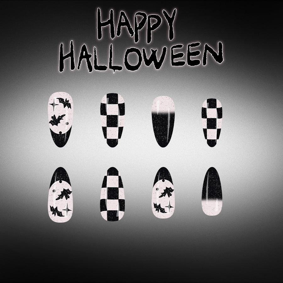 24pcs/Set Black French Tips with Plaid & Bats Press-On Nails
